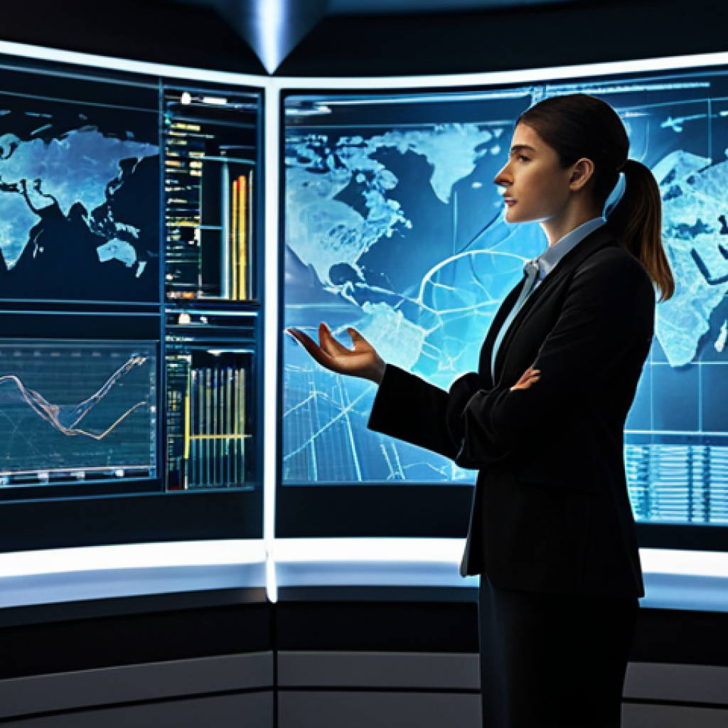 A professional, poised female architect in a modest, dark business suit, standing in a sophisticated, dimly lit control room. She is looking intently at a large, translucent holographic display floating in front of her, which shows intricate, glowing strategic projections of a complex cityscape or network. Her hands are elegantly gesturing as if interacting with the holographic interface, conveying a sense of silent, meticulous planning and advanced insight. The background features subtle, high-tech equipment and monitors with abstract data visualizations. The atmosphere is one of focused intelligence and strategic control. Fully clothed, appropriate attire, professional dress, safe for work, appropriate content, perfect anatomy, correct proportions, natural pose, well-formed hands, proper finger count, natural body proportions, professional photography, cinematic lighting, ultra-high resolution.