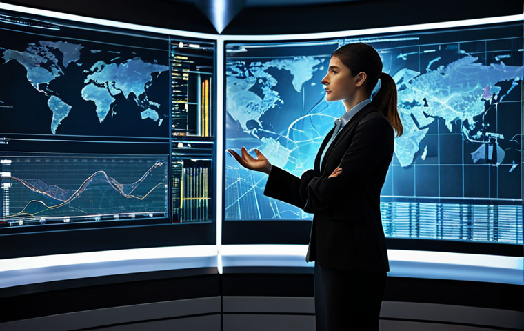 A professional, poised female architect in a modest, dark business suit, standing in a sophisticated, dimly lit control room. She is looking intently at a large, translucent holographic display floating in front of her, which shows intricate, glowing strategic projections of a complex cityscape or network. Her hands are elegantly gesturing as if interacting with the holographic interface, conveying a sense of silent, meticulous planning and advanced insight. The background features subtle, high-tech equipment and monitors with abstract data visualizations. The atmosphere is one of focused intelligence and strategic control. Fully clothed, appropriate attire, professional dress, safe for work, appropriate content, perfect anatomy, correct proportions, natural pose, well-formed hands, proper finger count, natural body proportions, professional photography, cinematic lighting, ultra-high resolution.