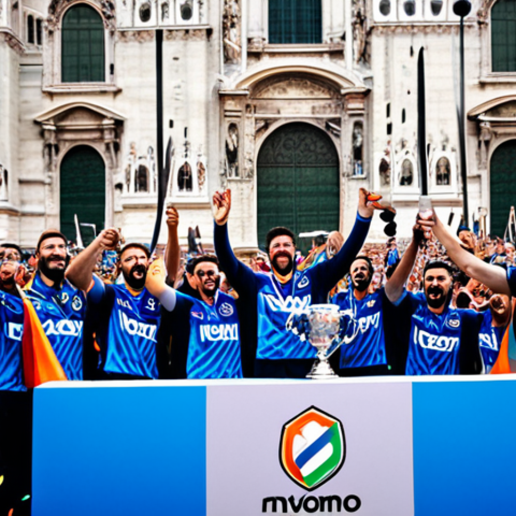 DRX Victory Celebration in Milan** "A triumphant DRX team, fully clothed in their professional jerseys, celebrating their Worlds 2022 victory in front of the Duomo di Milano. Confetti rains down as they raise the Summoner's Cup. The crowd is cheering. Safe for work, appropriate content, family-friendly, perfect anatomy, natural proportions, dynamic composition, professional esports photography, vibrant colors, daytime scene." **