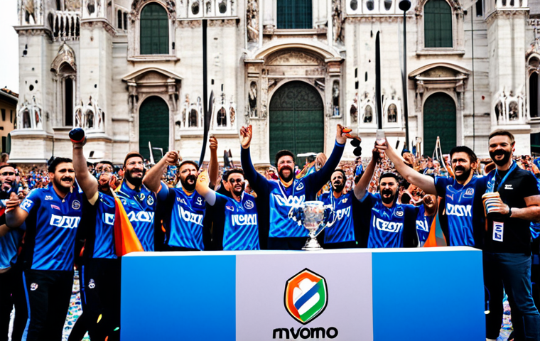 DRX Victory Celebration in Milan** "A triumphant DRX team, fully clothed in their professional jerseys, celebrating their Worlds 2022 victory in front of the Duomo di Milano. Confetti rains down as they raise the Summoner's Cup. The crowd is cheering. Safe for work, appropriate content, family-friendly, perfect anatomy, natural proportions, dynamic composition, professional esports photography, vibrant colors, daytime scene." **