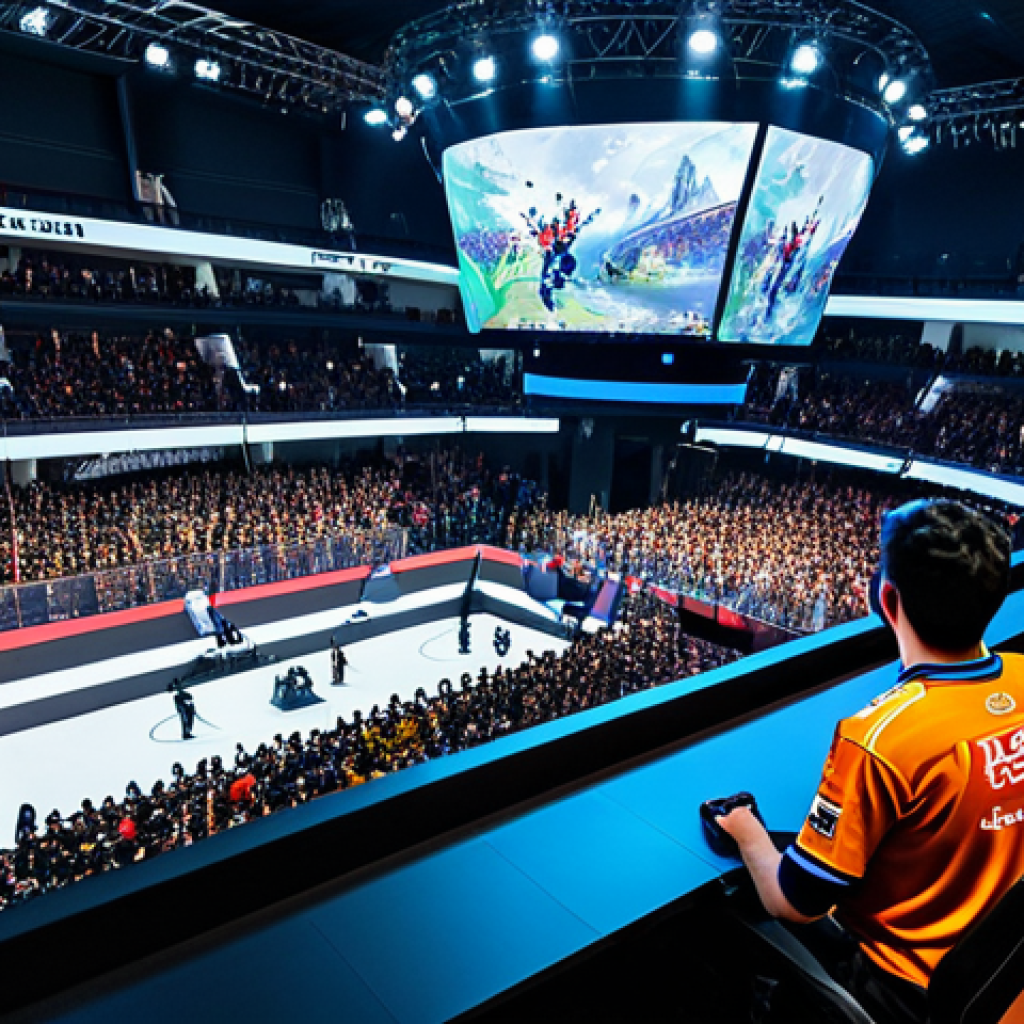 Professional eSports Scene** "A vibrant eSports arena in Italy, packed with cheering fans. On stage, two professional League of Legends players, fully clothed in team jerseys, focused on their computers. Large screens display the game. Emphasis on the energy and excitement of the event. Appropriate attire, safe for work, professional gaming atmosphere, perfect anatomy, correct proportions, well-lit stage, high quality." **