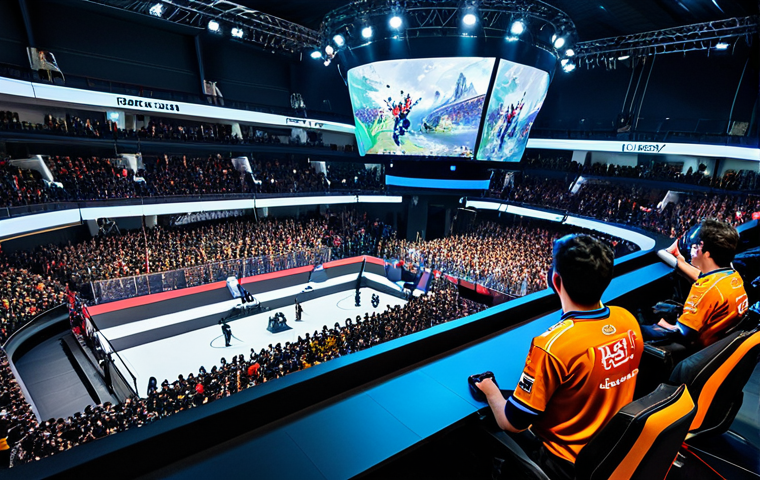 Professional eSports Scene** "A vibrant eSports arena in Italy, packed with cheering fans. On stage, two professional League of Legends players, fully clothed in team jerseys, focused on their computers. Large screens display the game. Emphasis on the energy and excitement of the event. Appropriate attire, safe for work, professional gaming atmosphere, perfect anatomy, correct proportions, well-lit stage, high quality." **