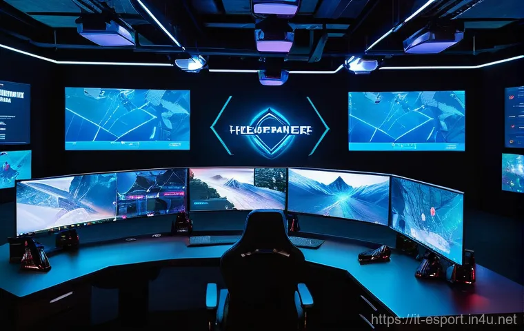 LOL e스포츠 전적 통계 - **A high-tech esports analytics command center.** The scene is futuristic and clean, with multiple l...
