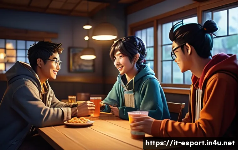 롤 커뮤니티 주요 게시판 - An atmospheric illustration of a diverse group of League of Legends players gathered in a cozy, warm...