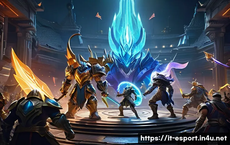 LOL 관전 경기 분석법 - A detailed esports scene showing a professional League of Legends mid-game team fight on a dynamic, ...