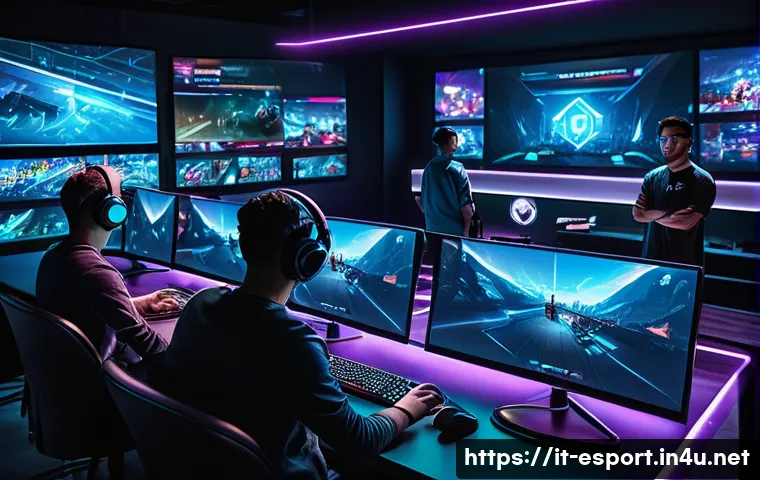 롤 챔피언 밴픽 전략 분석 - A detailed digital illustration of a strategic esports team draft room, showing a diverse group of f...
