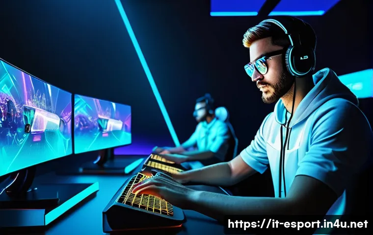 LOL e스포츠와 NFT - A vibrant digital esports arena filled with diverse professional players and enthusiastic fans, show...