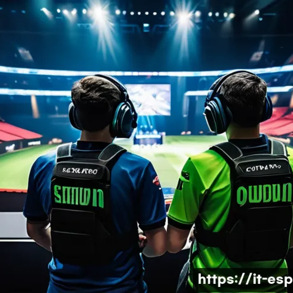 CS GO 명경기 다시보기 - A high-intensity esports scene depicting a professional CS:GO match in a large arena filled with an ...