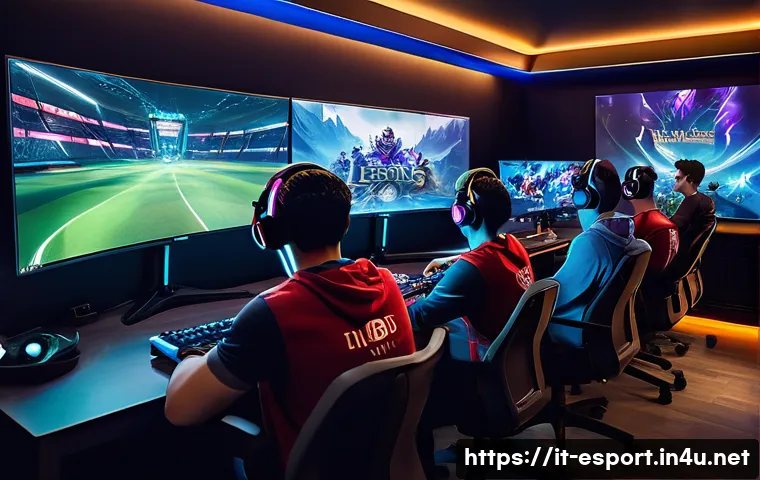 LOL 커뮤니티 데이터 분석 - A dynamic scene of a diverse group of esports players in a cozy gaming room during evening hours, ea...