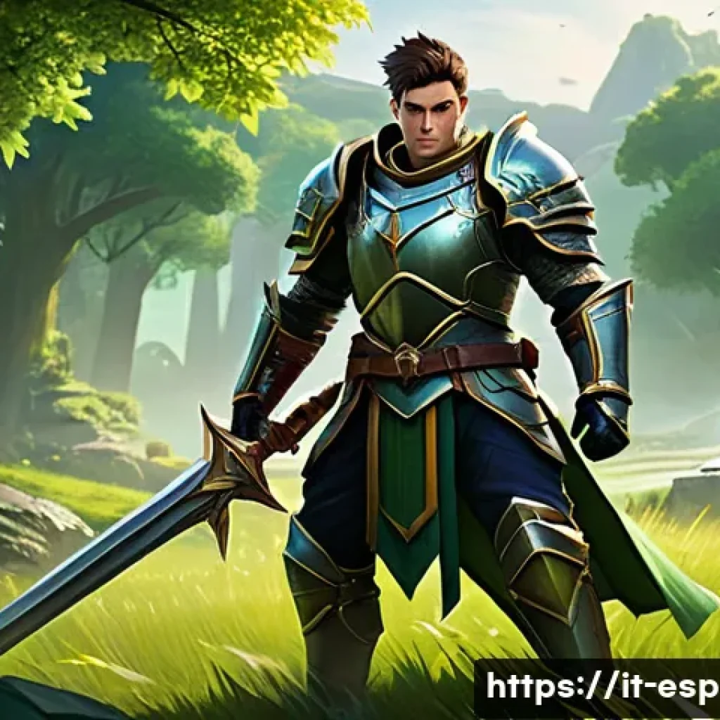 롤 신규 유저 가이드 - A dynamic fantasy battle scene featuring a beginner-friendly champion inspired by Garen from League ...