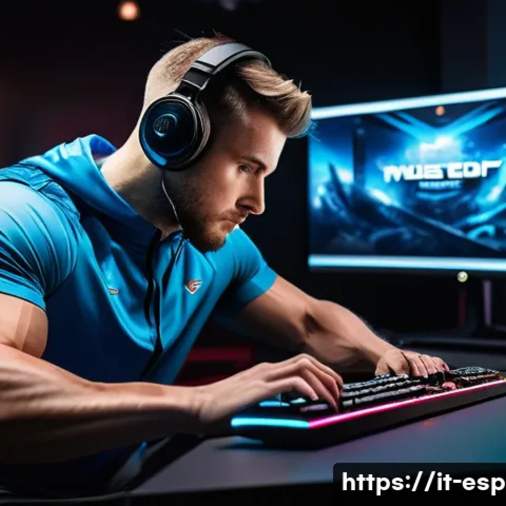 프로게이머 경기 전 루틴 - A professional esports player performing a detailed physical warm-up routine in a modern gaming room...