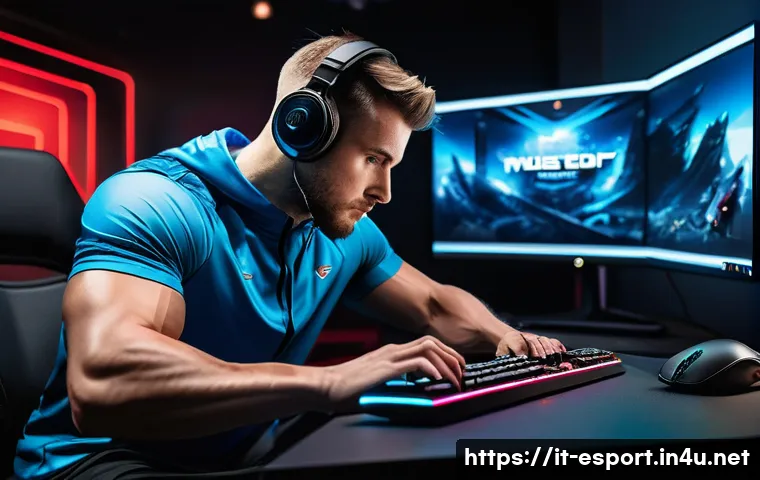 프로게이머 경기 전 루틴 - A professional esports player performing a detailed physical warm-up routine in a modern gaming room...