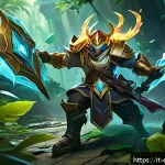 Home 21 LOL 명경기 클립 정리 - A dynamic and intense League of Legends team fight scene set in a lush, mystical jungle environment....