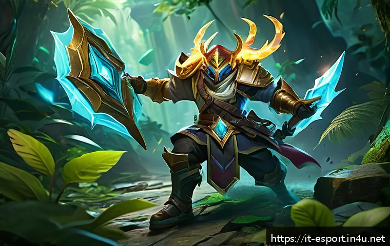 LOL 명경기 클립 정리 - A dynamic and intense League of Legends team fight scene set in a lush, mystical jungle environment....