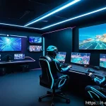 Home 20 롤 AI 봇 시스템 발전 - A futuristic esports training room featuring advanced AI bots designed for League of Legends practic...