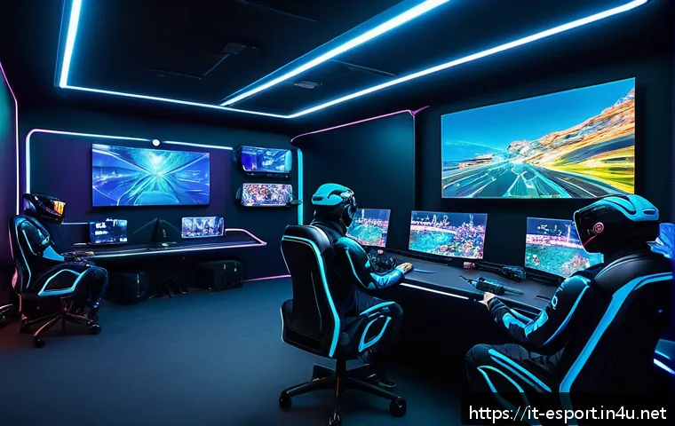 롤 AI 봇 시스템 발전 - A futuristic esports training room featuring advanced AI bots designed for League of Legends practic...