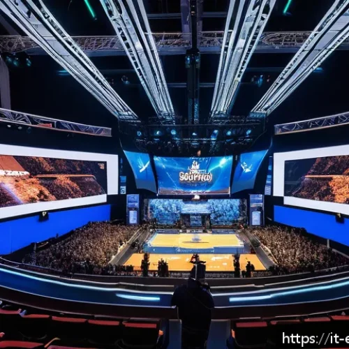 Home 31 LOL 밸런스 팀 인터뷰 - A dynamic esports scene illustrating a professional League of Legends tournament stage with vibrant ...