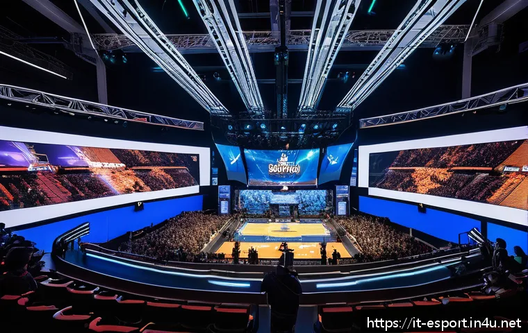 LOL 밸런스 팀 인터뷰 - A dynamic esports scene illustrating a professional League of Legends tournament stage with vibrant ...