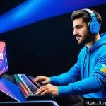 Home 18 롤드컵 MVP의 의미 - A dynamic esports MVP player standing confidently on a futuristic stage illuminated by vibrant neon ...