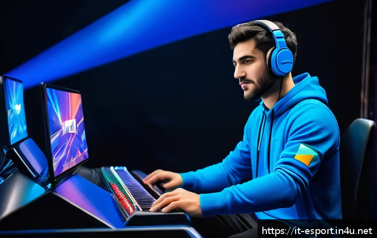 롤드컵 MVP의 의미 - A dynamic esports MVP player standing confidently on a futuristic stage illuminated by vibrant neon ...