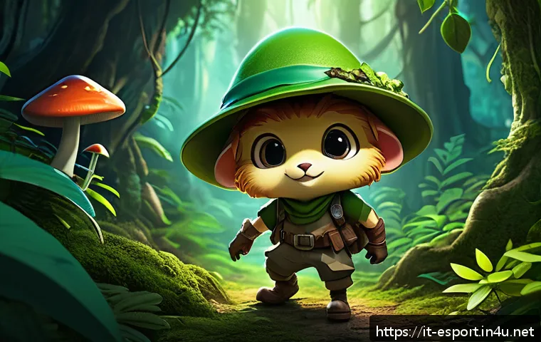 티모 장인 플레이 리뷰 - A detailed fantasy-style forest scene featuring a small, agile yordle character inspired by Teemo, w...
